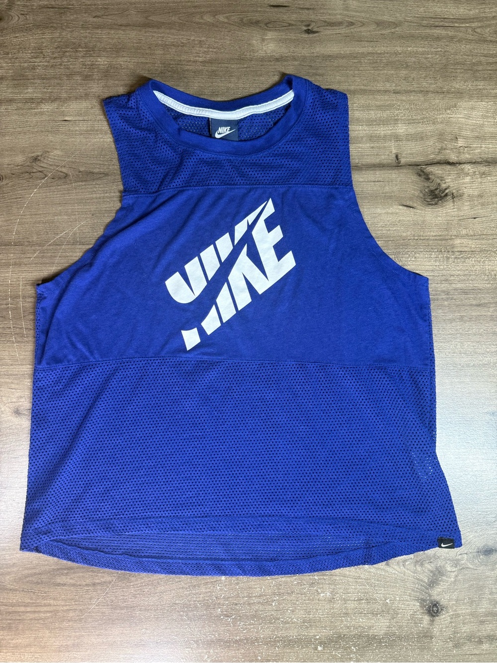 Nike Womens M Royal Blue Mesh Tank Top Large Logo Sleeveless Athletic Workout